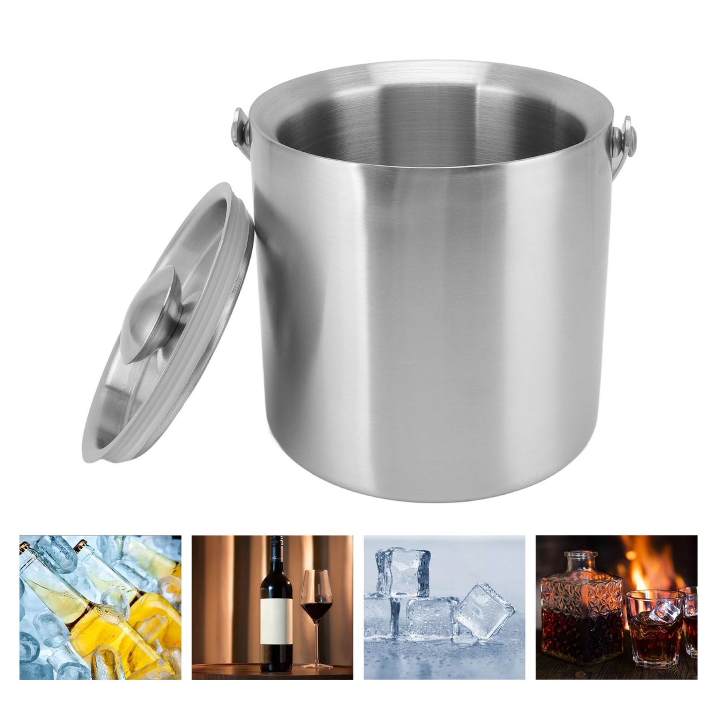Stainless Steel Ice Bucket Double Layer Wine Champagne Beer Barrel with Handle for Bar Party 3L 19x17.2cm/7.5x6.8in
