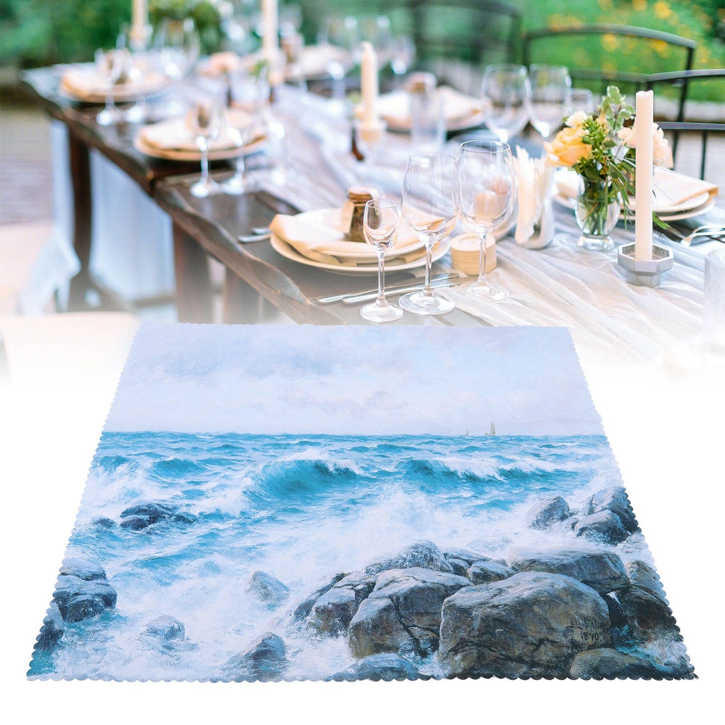 Table Cloths Easy Cleaning Natural Casual Style Decorative Practical Polyester Fiber Tablecloths Decoration for Restaurant Sea Waving Rock Pattern 140x180cm