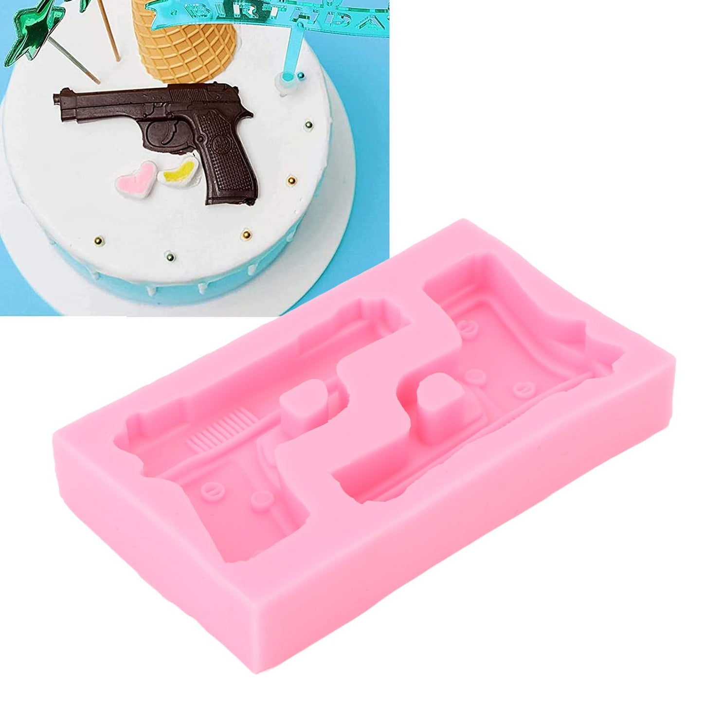 3D Weapon Shape Silicone Molds Pistol Shaped Baking Molds for Making Cake Chocolate Candy Crafting Pink