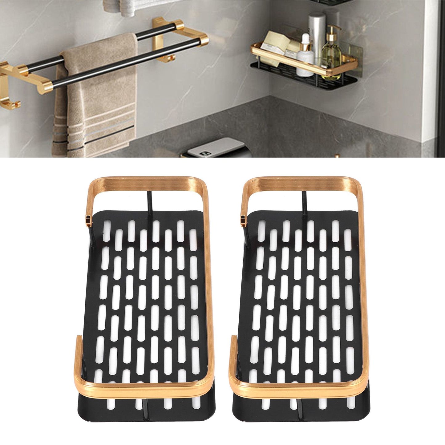 Shower Caddy Double Layer Rectangle Shape Space Saving Aluminum Punching Free Installation Bathroom Supplies for Home Black Gold