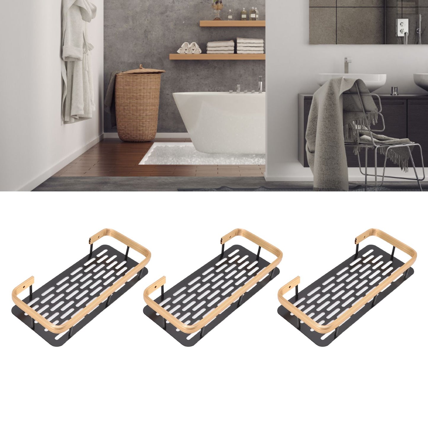 Shower Storage Rack 3 Layers Punch Free Rectangle Aluminum Shower Shelf Basket for Home Bathroom Black Gold