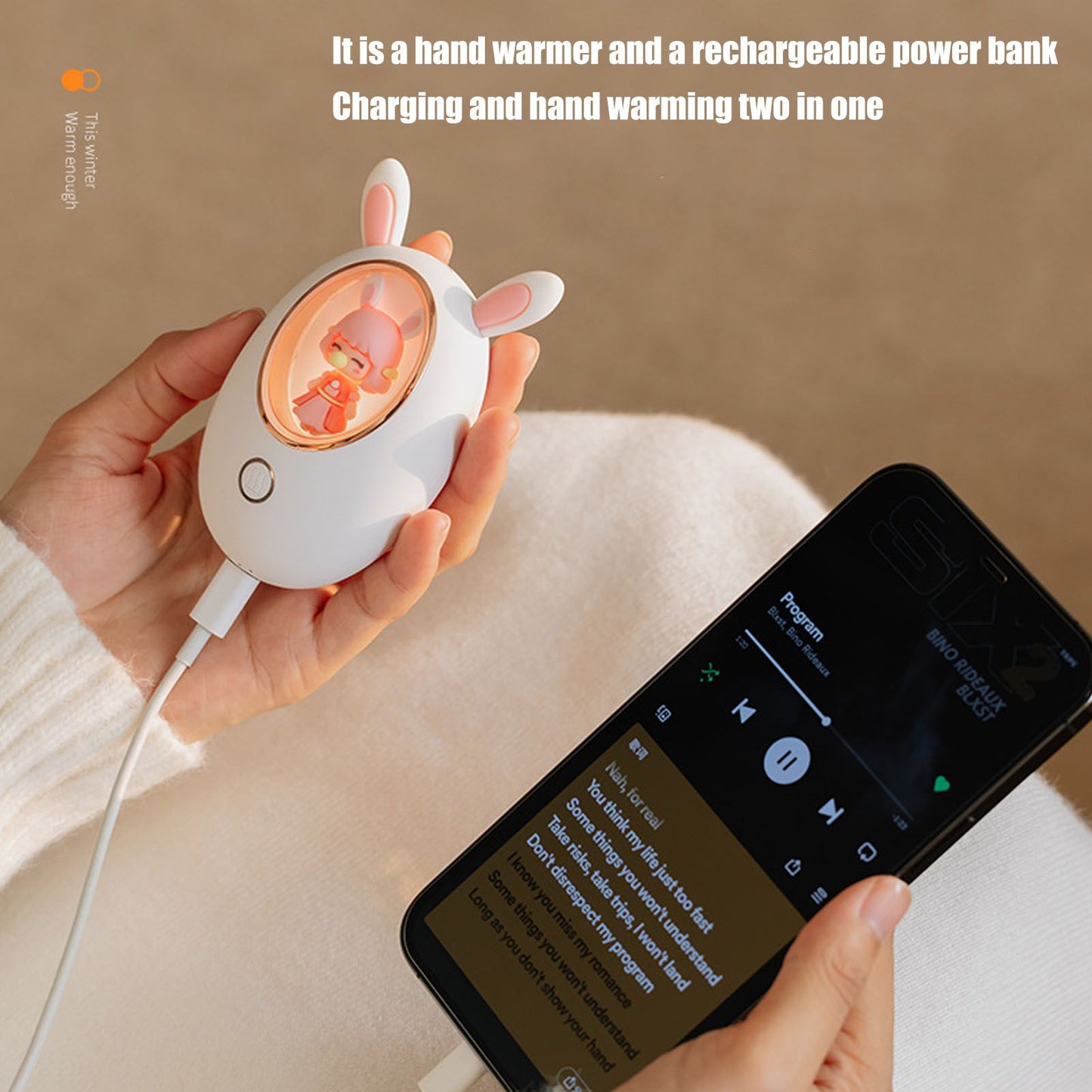 Rechargeable Hand Warmer USB 3000mAh Portable Electric Hand Warmer Power Bank Men Women Winter Gifts for Outdoor Sports Golf Camping White