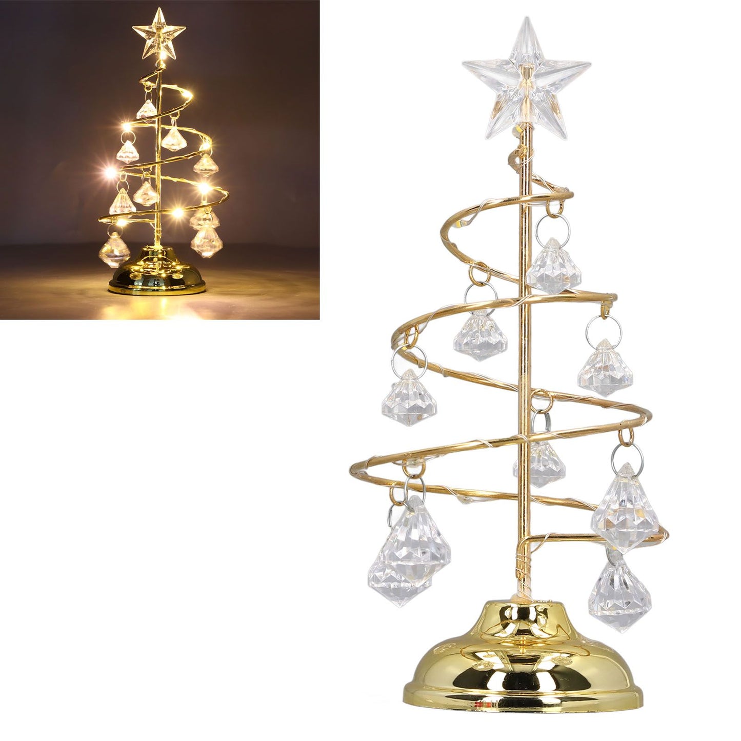 LED Christmas Tree Lamp Small Crystal Decorative Iron Tree Night Light Ornament for Gift Golden Warm Light