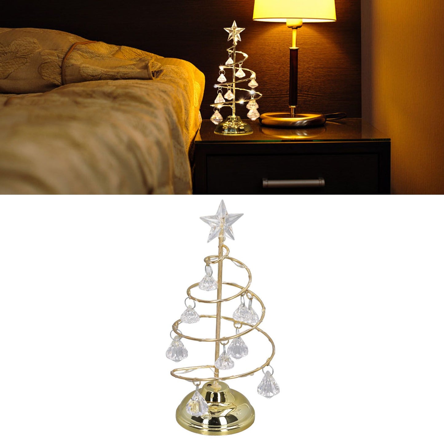 LED Christmas Tree Lamp Small Crystal Decorative Iron Tree Night Light Ornament for Gift Golden Warm Light
