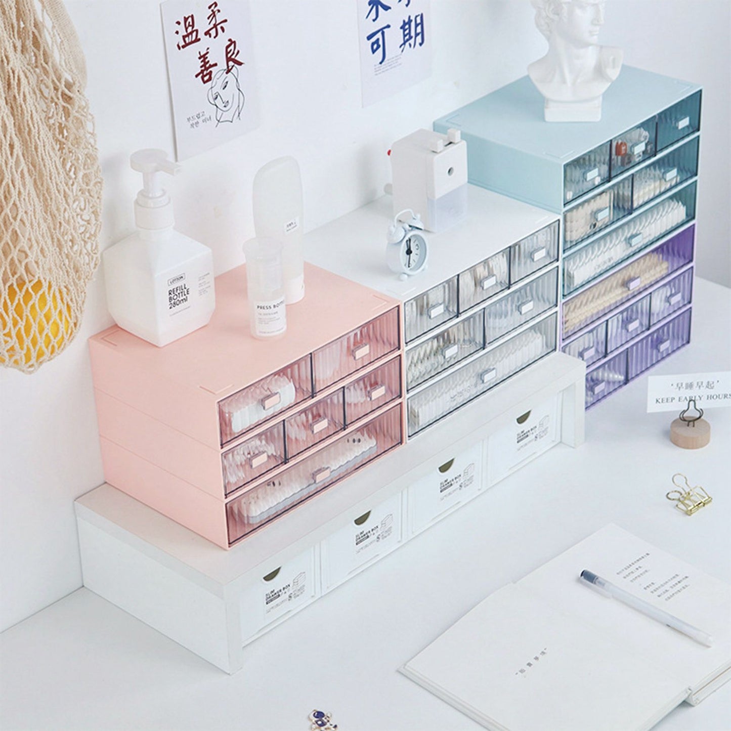 Desktop Drawer Organizer Waterproof Dustproof Plastic DIY Combination Multi Layer Stackable Drawer Storage Case Striped Pink 1 Drawer