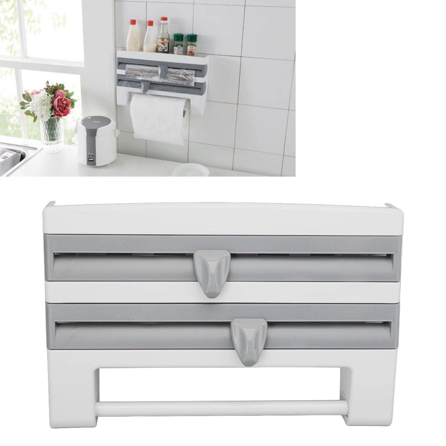 Cling Film Holder Wall Mount Multifunctional Cling Film Cutter with Screws for Kitchen Grey Blue