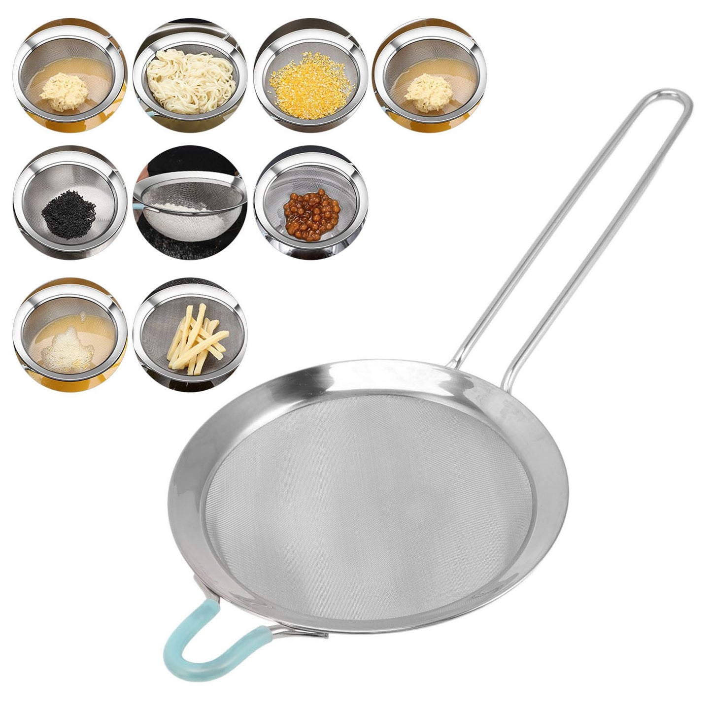 60 Mesh Fine Strainer Stainless Steel Handheld Flour Colander with Long Handle for Kitchen 14cm/5.5in