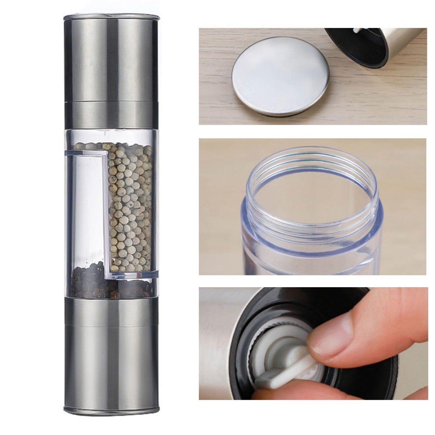 Salt and Pepper Grinder Stainless Steel Dual Head Adjustable Grind Size Manual Spice Grinder for Home Kitchen Grinder