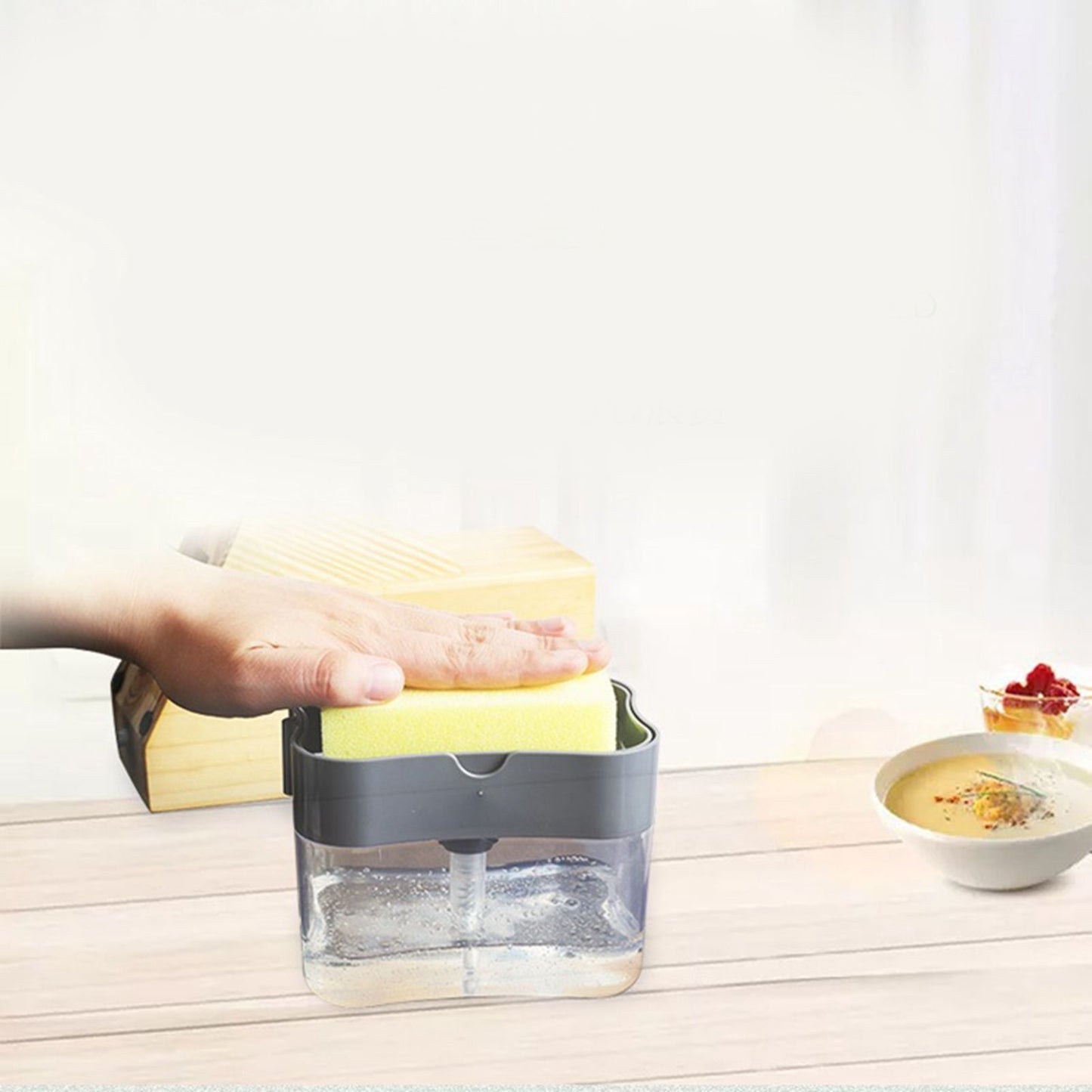 Dish Soap Dispenser Press Design Automatically Liquid Dispenser Box Sponge Holder Soap Dispenser for Home Kitchen Grey