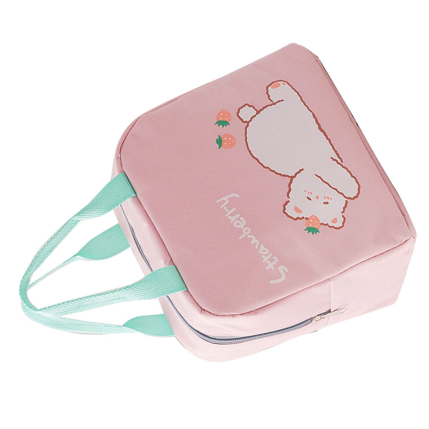 Lunch Bag Cartoon Style Zipper Widened Handle Oxford Cloth Aluminum Film Portable Lunchbox Bag for Student Pink