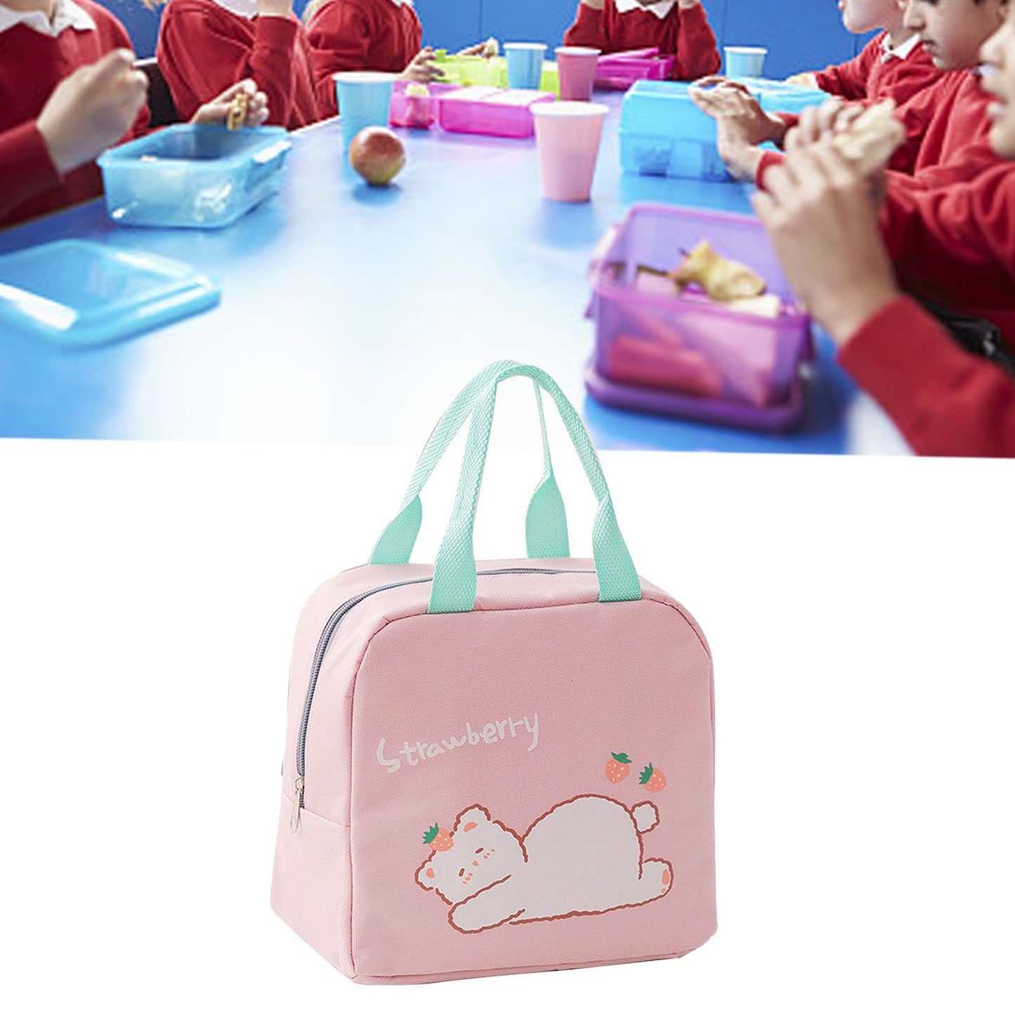 Lunch Bag Cartoon Style Zipper Widened Handle Oxford Cloth Aluminum Film Portable Lunchbox Bag for Student Pink