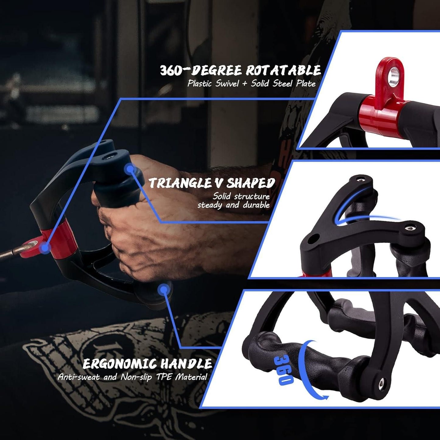1 Piece Black Dual D-Tension Grip Removable V-Triangle Rod Home Gym
