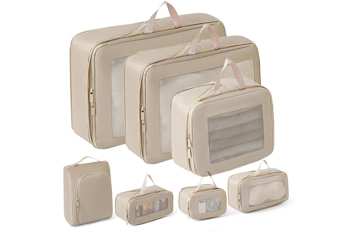 7 Set Compression Packing Cubes for Travel Luggage Organizer Bags for Travel Accessories - Khaki