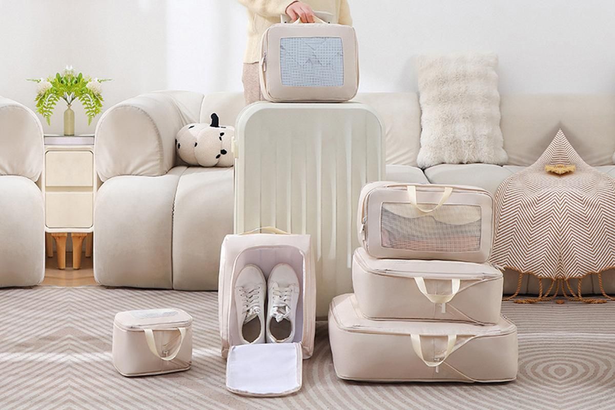 7 Set Compression Packing Cubes for Travel Luggage Organizer Bags for Travel Accessories - Khaki