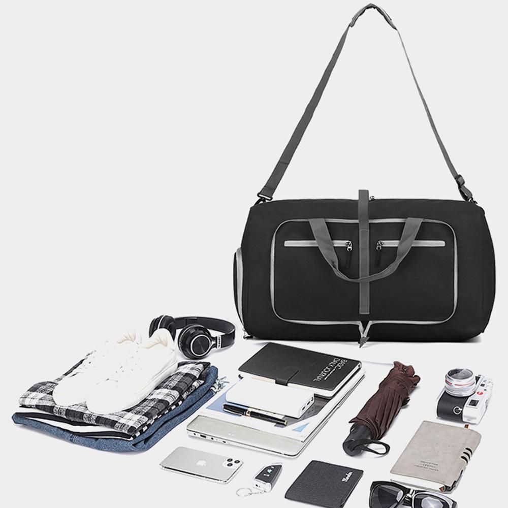 Foldable Travel Duffle Bag with Shoe Compartment - Black