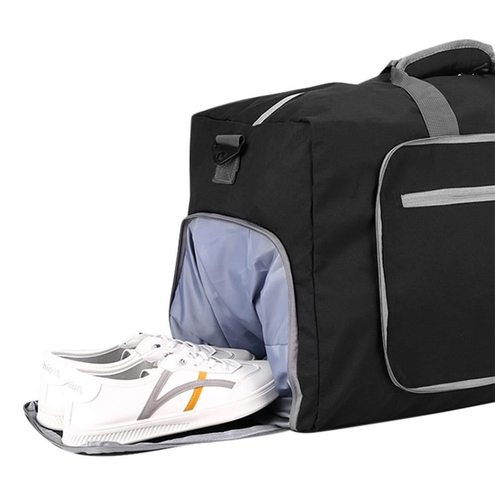 Foldable Travel Duffle Bag with Shoe Compartment - Black