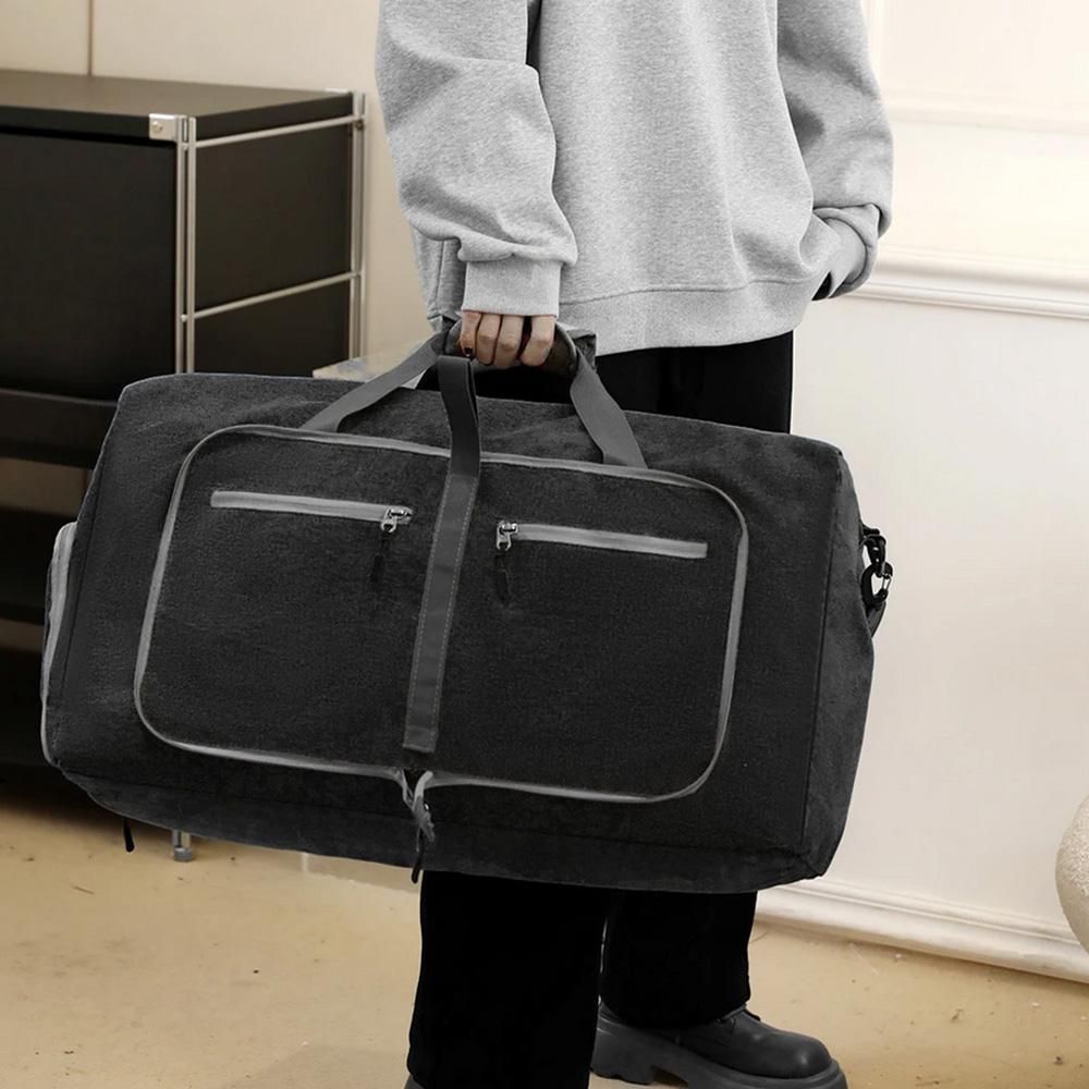 Foldable Travel Duffle Bag with Shoe Compartment - Black
