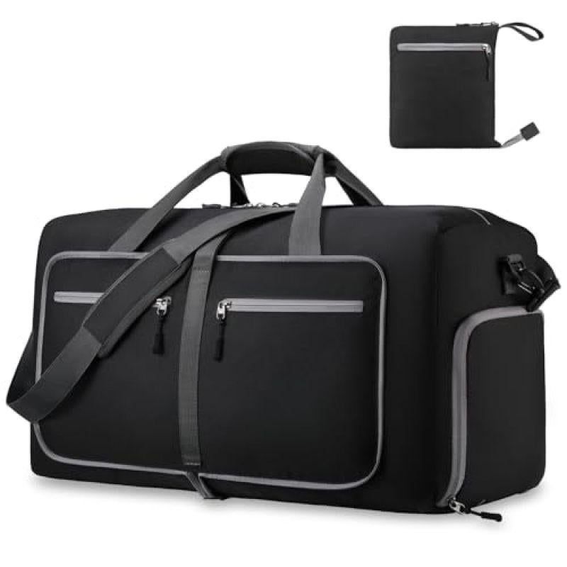 Foldable Travel Duffle Bag with Shoe Compartment - Black