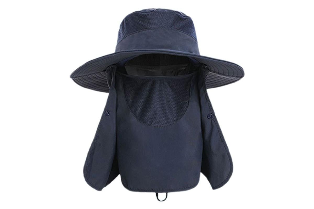 Outdoor Sun Protection Fishing Cap Wide Brim Hat With Neck Flap And Face Cover - Navy Blue