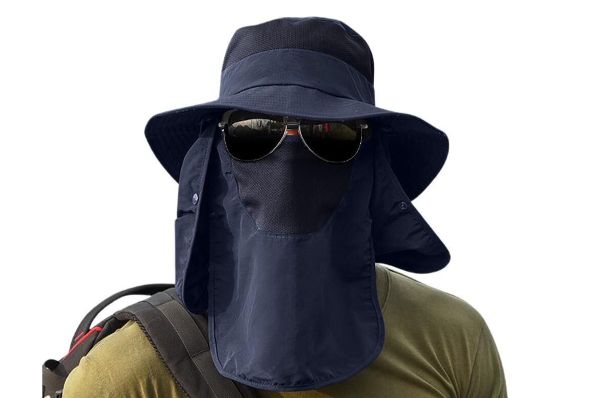 Outdoor Sun Protection Fishing Cap Wide Brim Hat With Neck Flap And Face Cover - Navy Blue