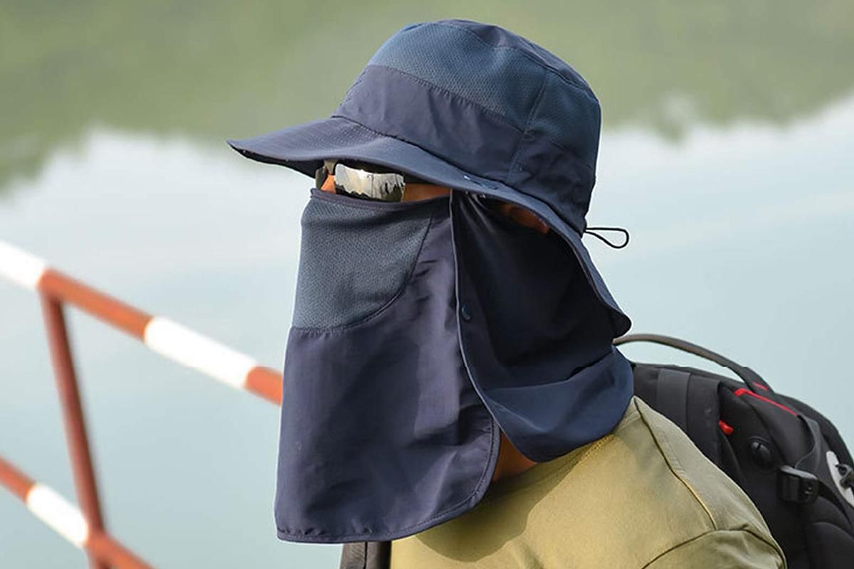 Outdoor Sun Protection Fishing Cap Wide Brim Hat With Neck Flap And Face Cover - Navy Blue