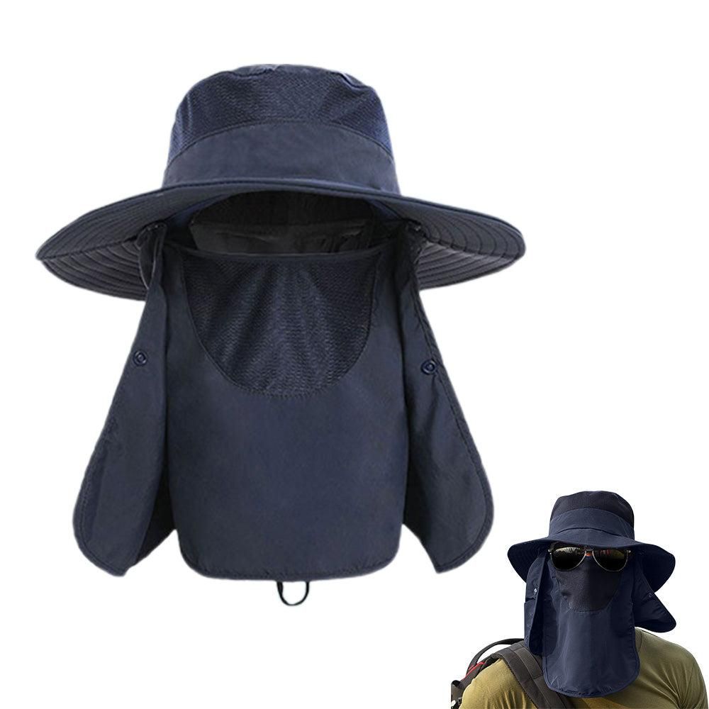 Outdoor Sun Protection Fishing Cap Wide Brim Hat With Neck Flap And Face Cover - Navy Blue