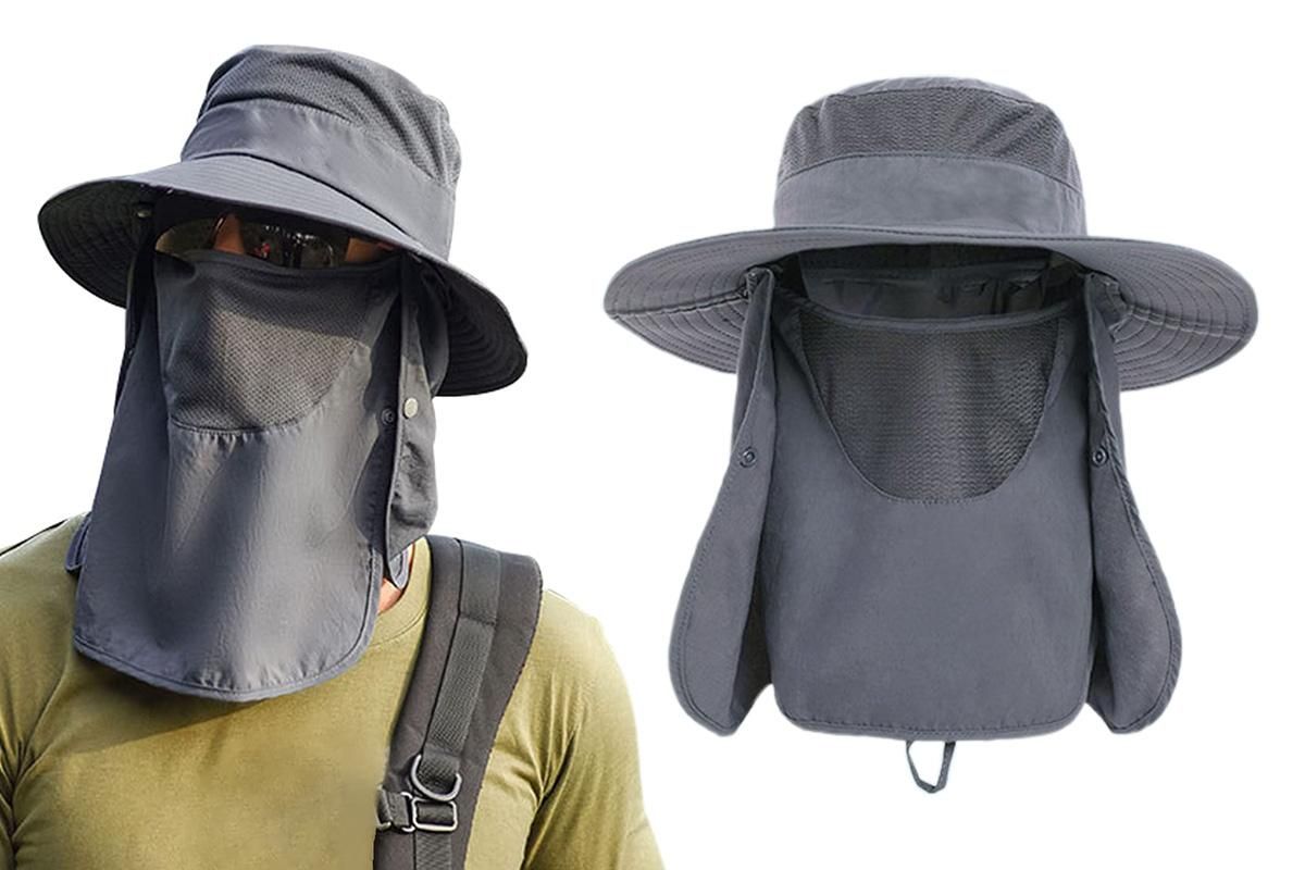 Outdoor Sun Protection Fishing Cap Wide Brim Hat With Neck Flap And Face Cover - Dark Grey