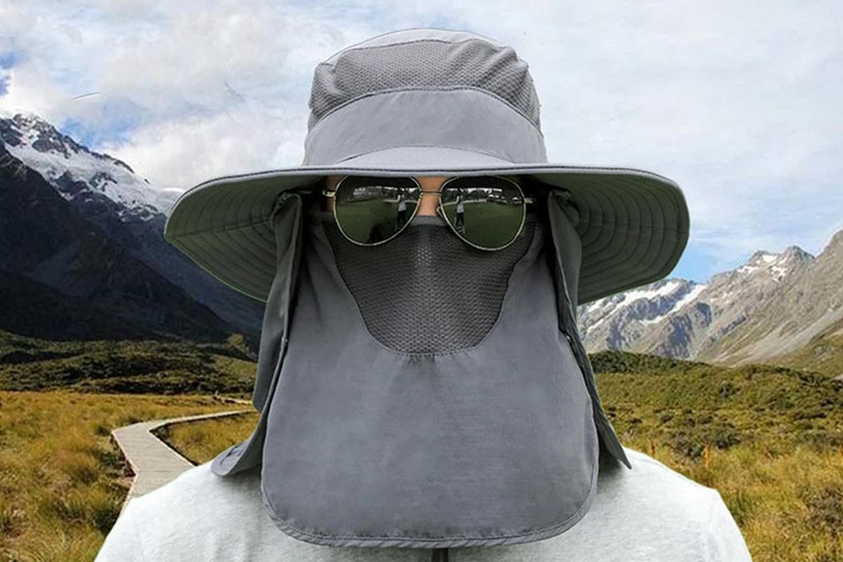 Outdoor Sun Protection Fishing Cap Wide Brim Hat With Neck Flap And Face Cover - Dark Grey