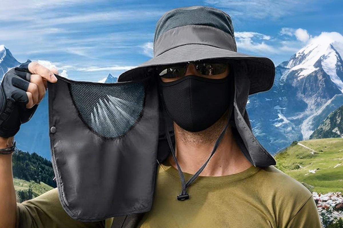 Outdoor Sun Protection Fishing Cap Wide Brim Hat With Neck Flap And Face Cover - Dark Grey