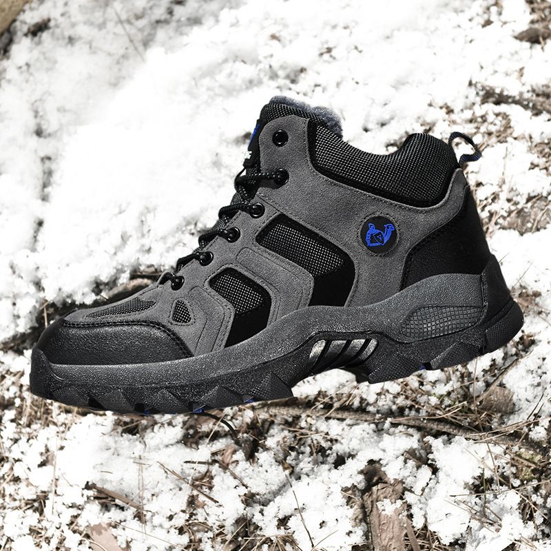 QIFENG Mens High Top Hiking Shoes Anti Slip Rubber Sole Gray Cotton 45