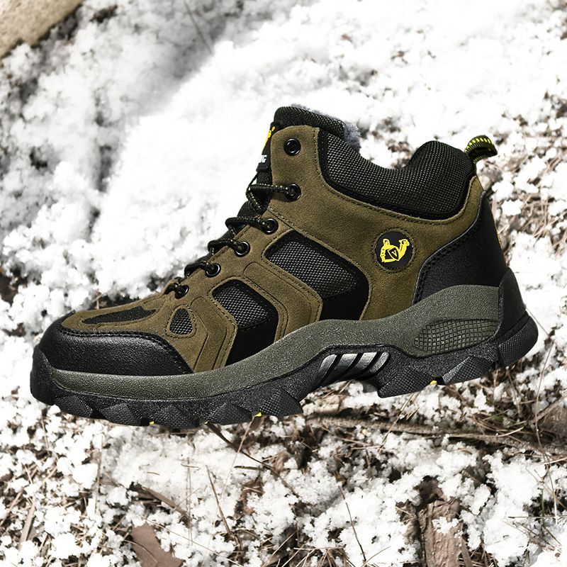 QIFENG Mens High Top Hiking Shoes Anti Slip Rubber Sole Army green cotton 41