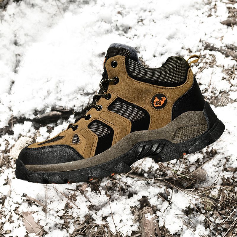 QIFENG Mens High Top Hiking Shoes Anti Slip Rubber Sole Brown Cotton 45