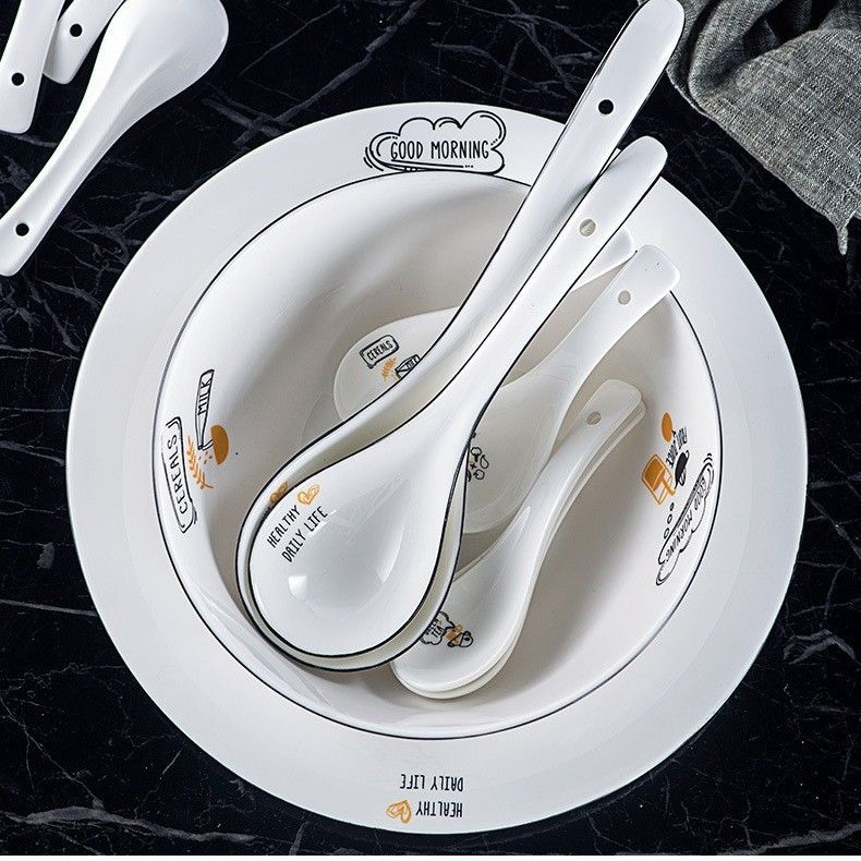 Ceramic Soup Spoon Yo Laifu Large White Black-edged simple white large spoon
