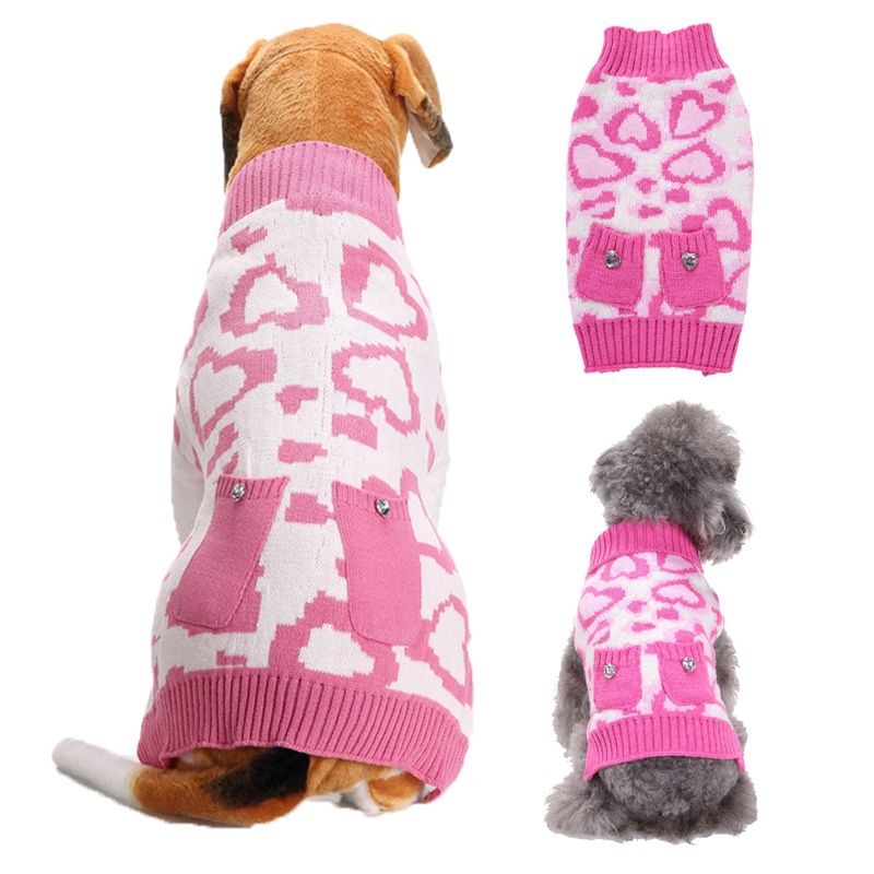Dog Sweater Acrylic Knit Christmas Pink Heart Pocket XL Size: XL; Neck (cm): 38-44; Bust (cm): 50-58; Back length (cm): 36-40; Recommended pet weight (kg): 10.0 - 15.0