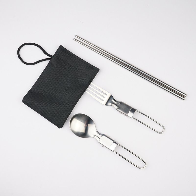 Silver island Folding Stainless Steel Cutlery Set Folding spoon, fork, chopsticks, black bag suit