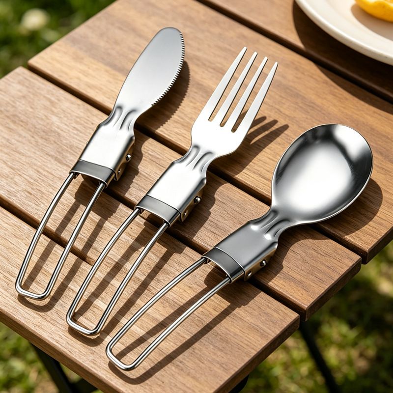 Silver island Folding Stainless Steel Cutlery Set Folding spoon, fork, black bag suit