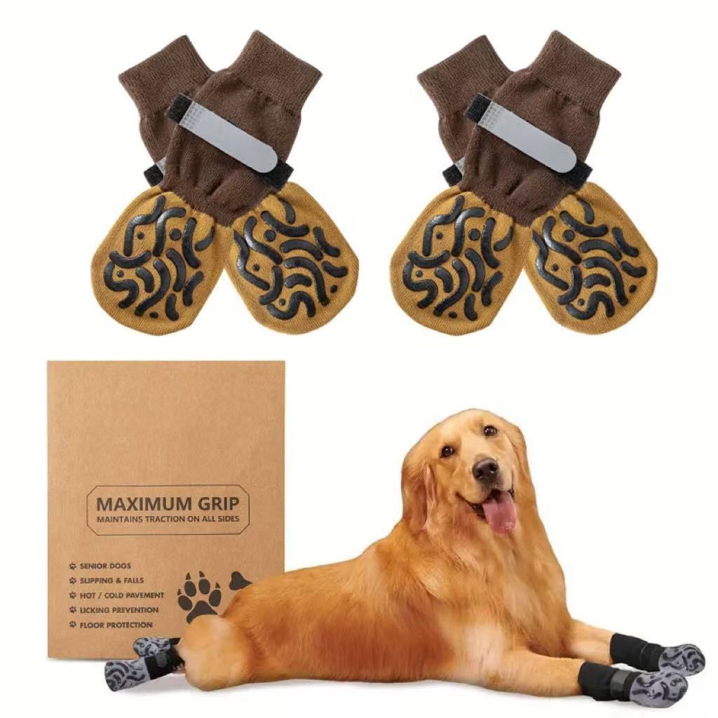 Cotton Dog Socks Striped Jacquard Pet Footwear Dark brown caterpillar [high-end storage bag] L large size 7.5*18cm [recommended within 15-20kg inches] [pack of four]