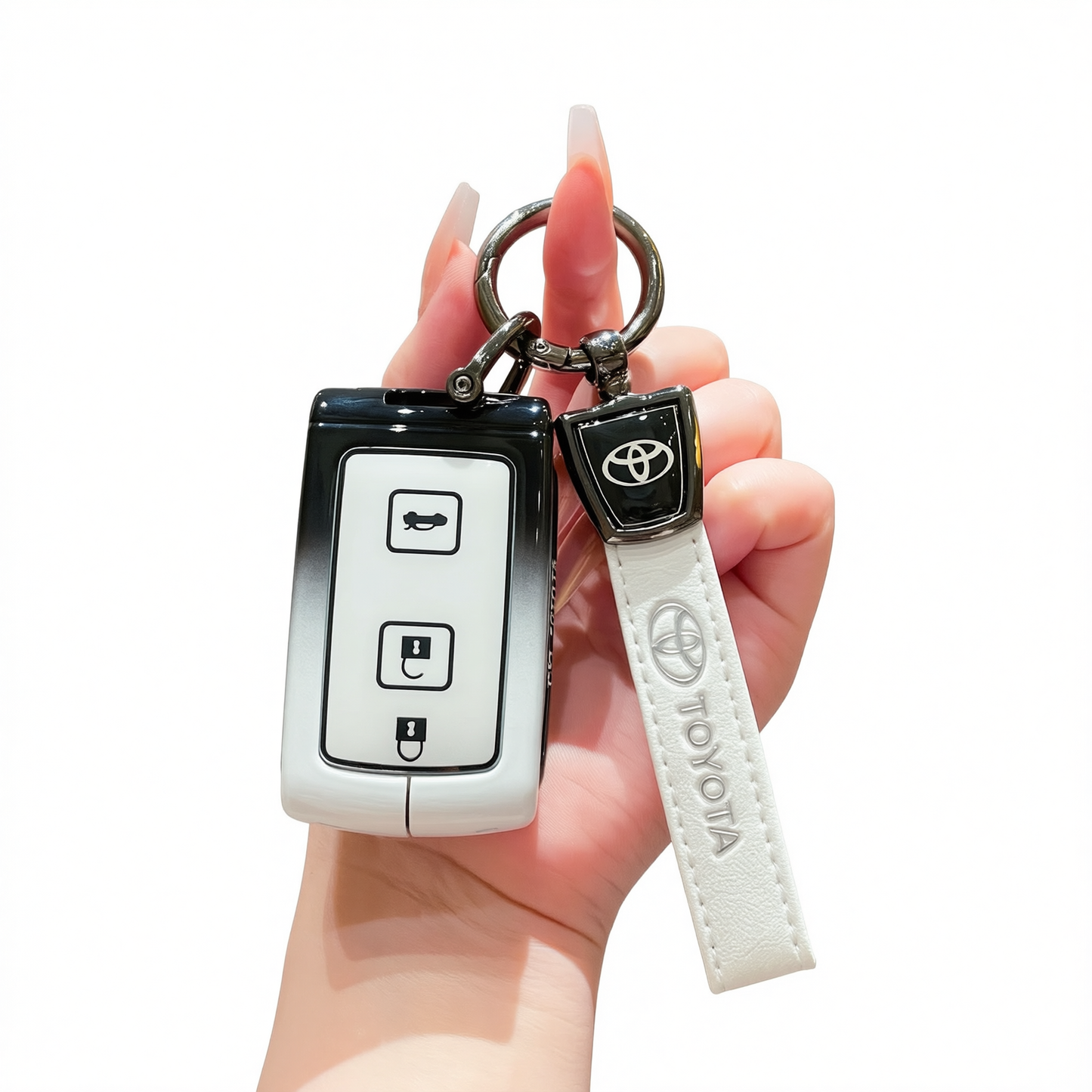 Fragrant Car Toyota Corolla Cross Key Case Zinc Alloy Standard M style gradient black and white single bag + white leather rope buckle