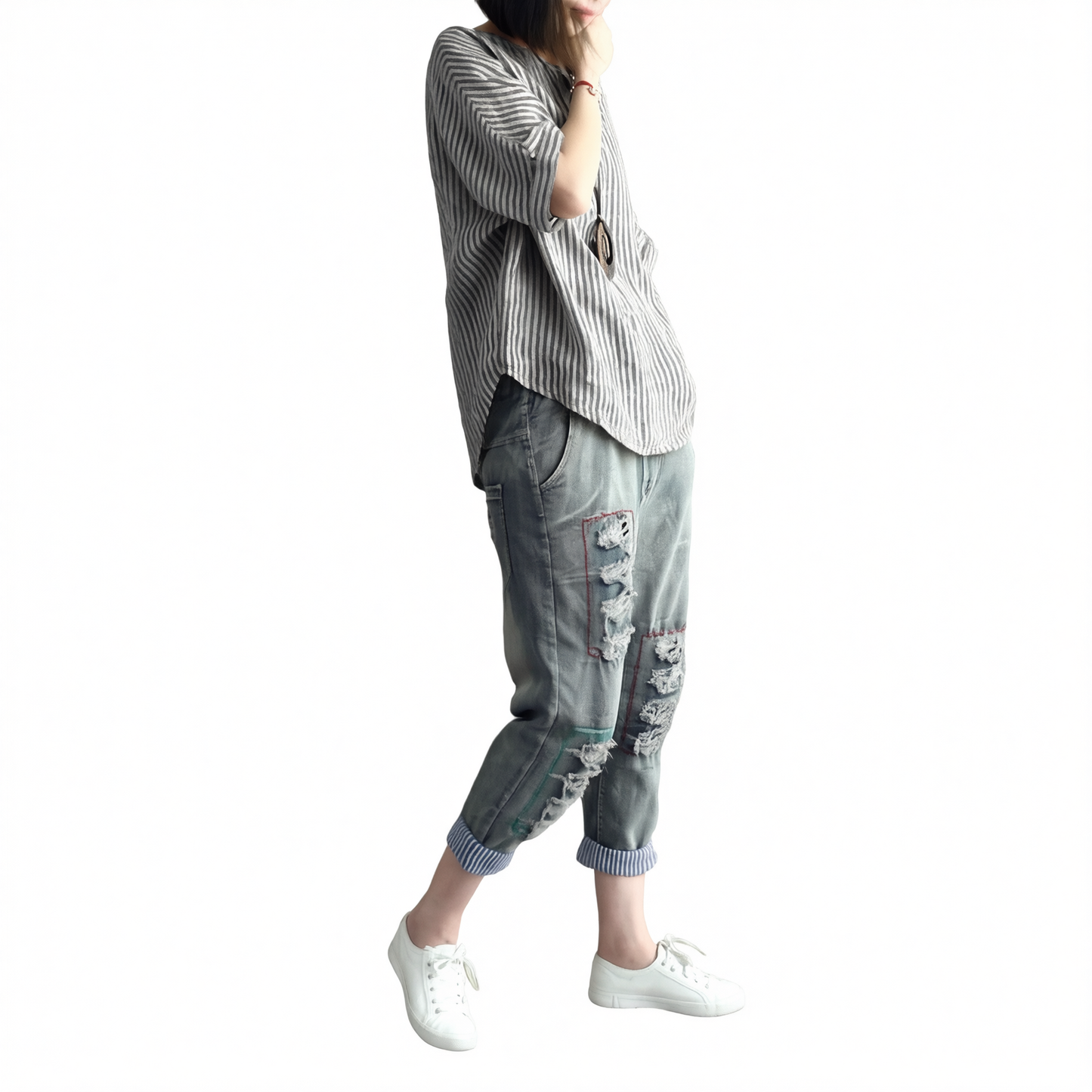 Women Striped Cotton Blend Batwing Casual Top T-Shirt grey M