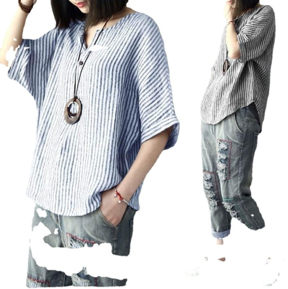 Women Striped Cotton Blend Batwing Casual Top T-Shirt grey M