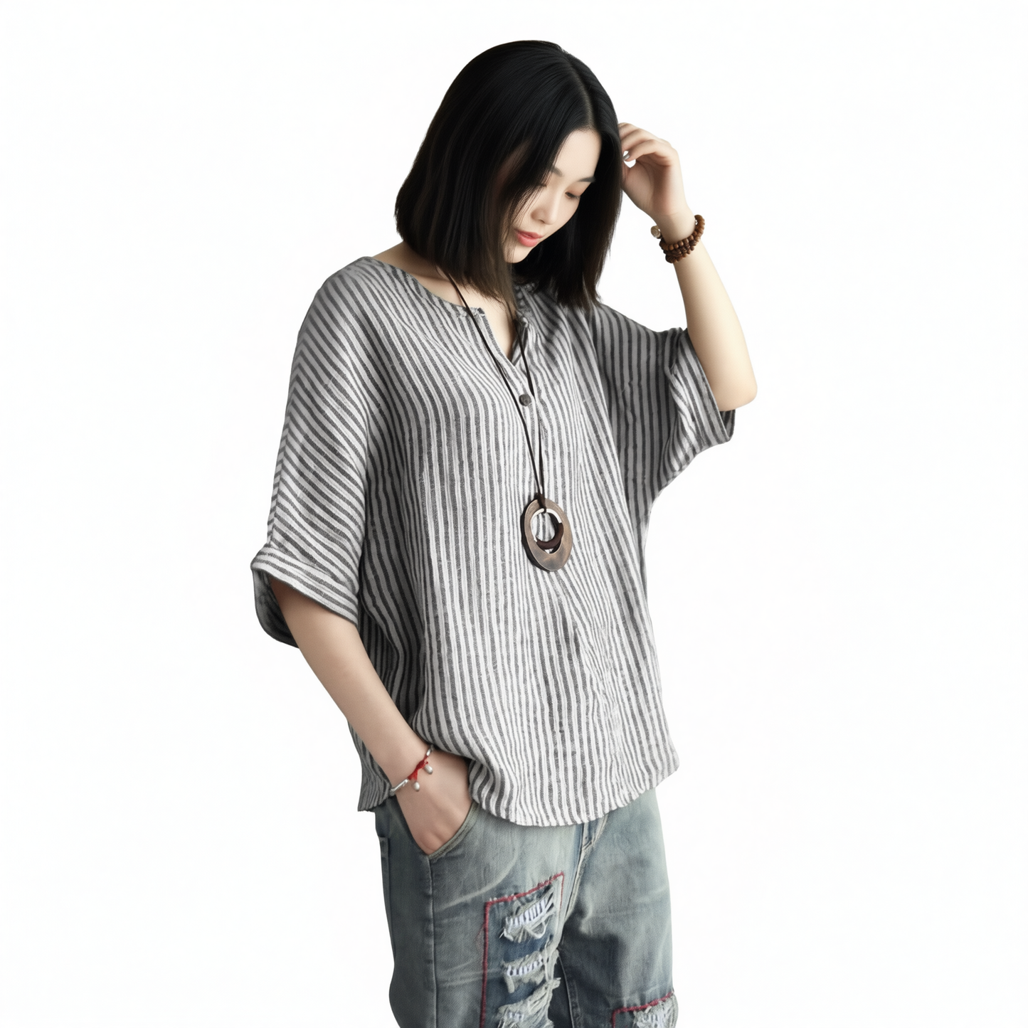 Women Striped Cotton Blend Batwing Casual Top T-Shirt grey 3XL