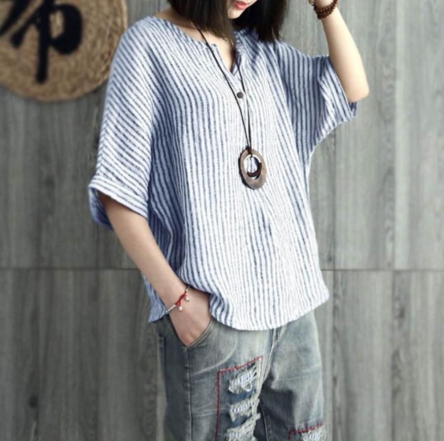 Women Striped Cotton Blend Batwing Casual Top T-Shirt Blue XL