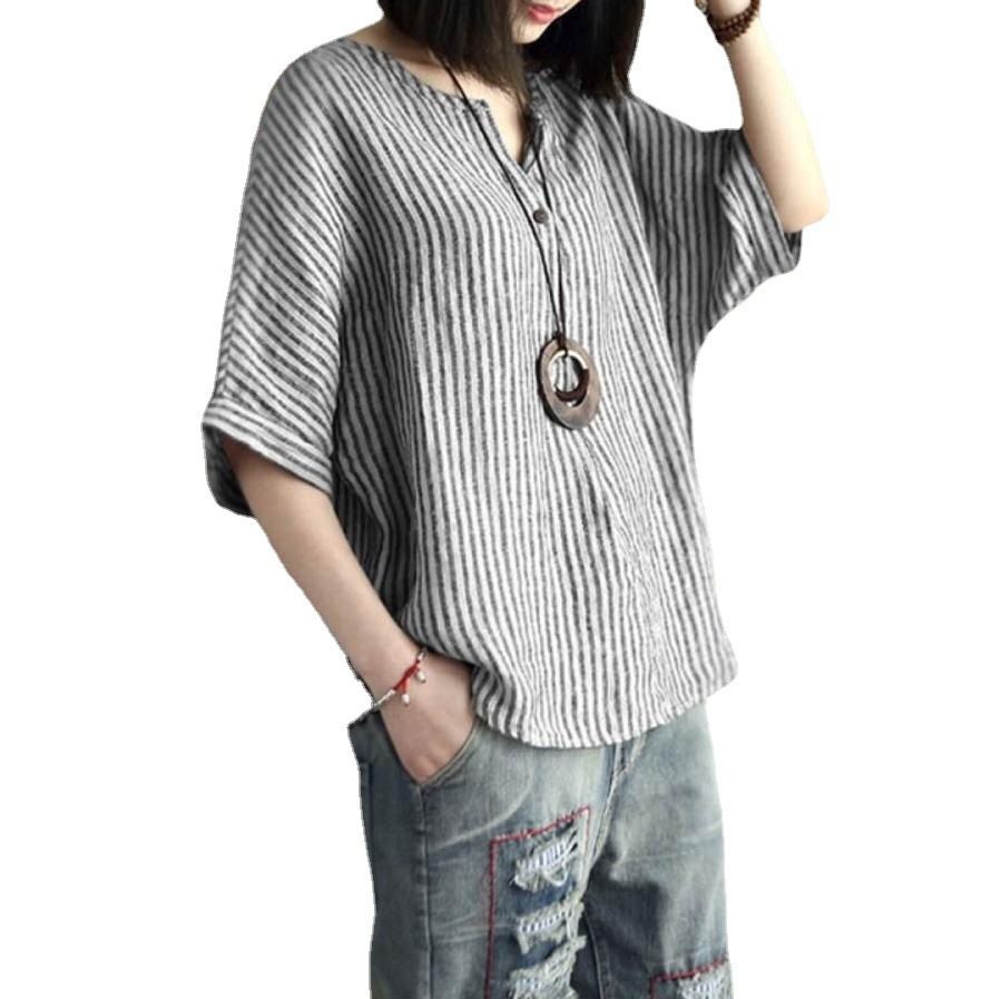 Women Striped Cotton Blend Batwing Casual Top T-Shirt Blue XL