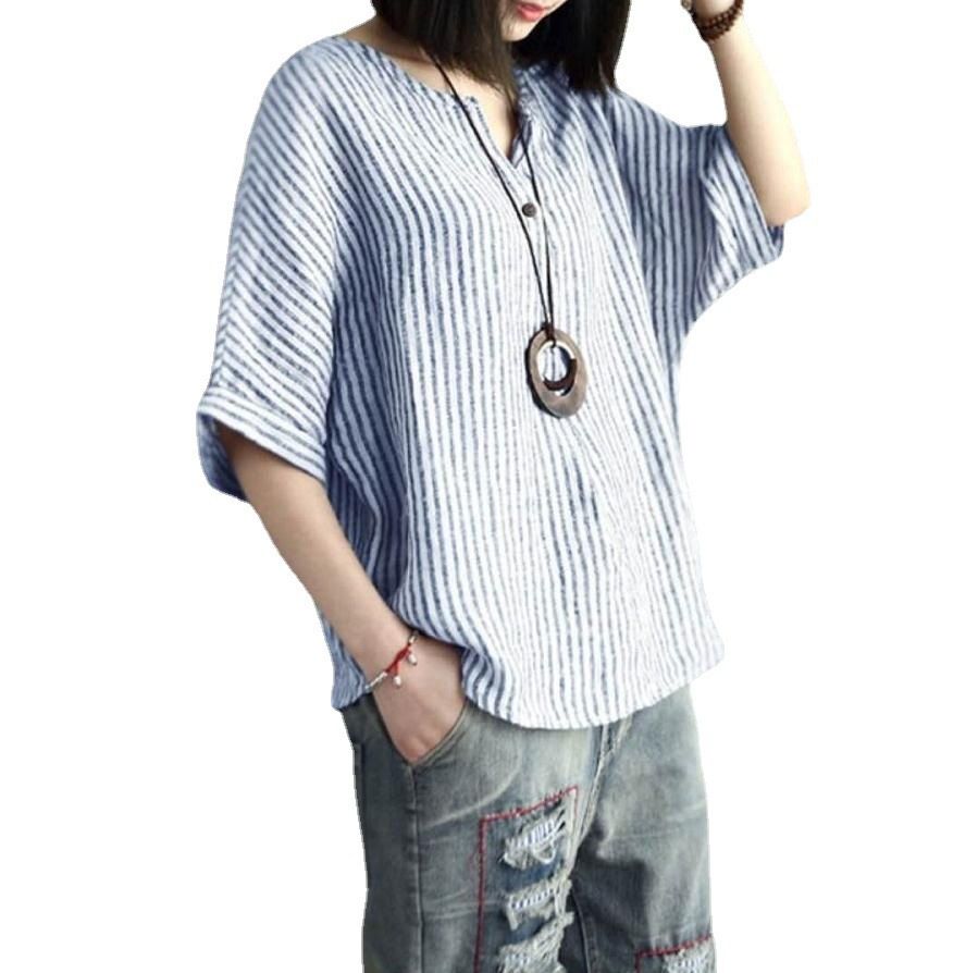 Women Striped Cotton Blend Batwing Casual Top T-Shirt Blue XXL