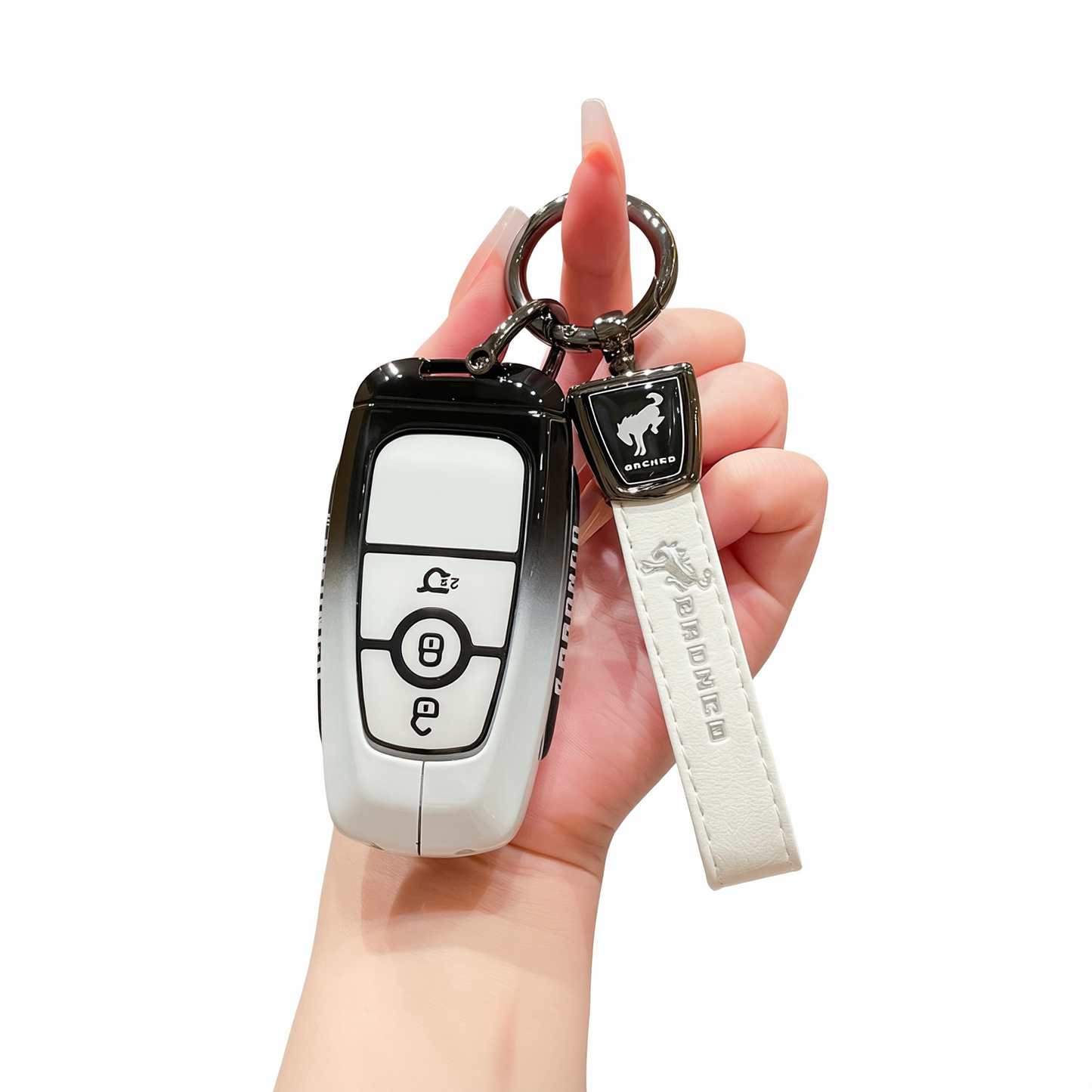 Fragrant car island Jiangling Liema Key Case 3 Button Standard 3-button gradient black and white single bag + white leather rope buckle