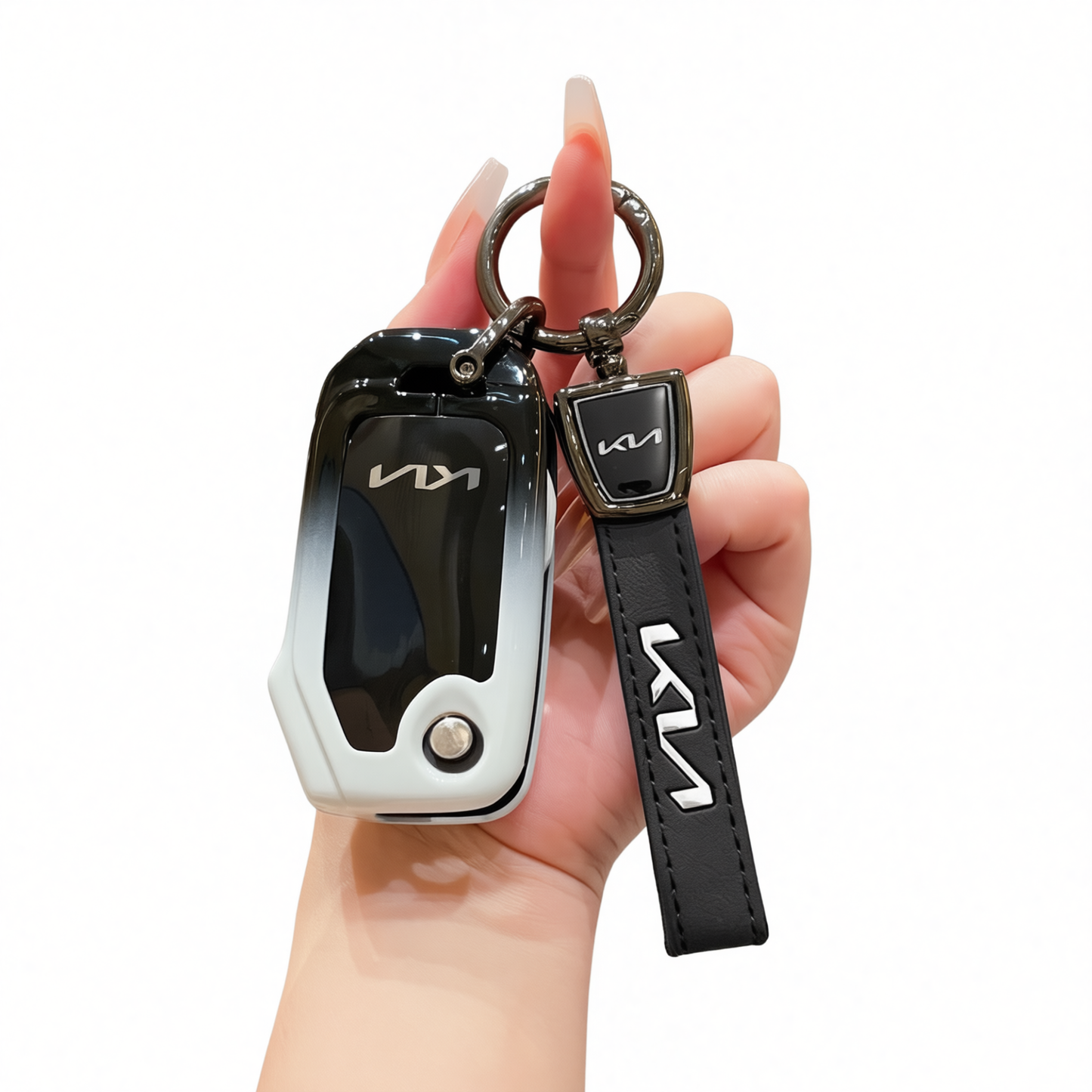 Kia Key Cover Fragrant Car Island H3 Gradient Black Standard H3 key gradient black and white single pack + black leather cord clasp