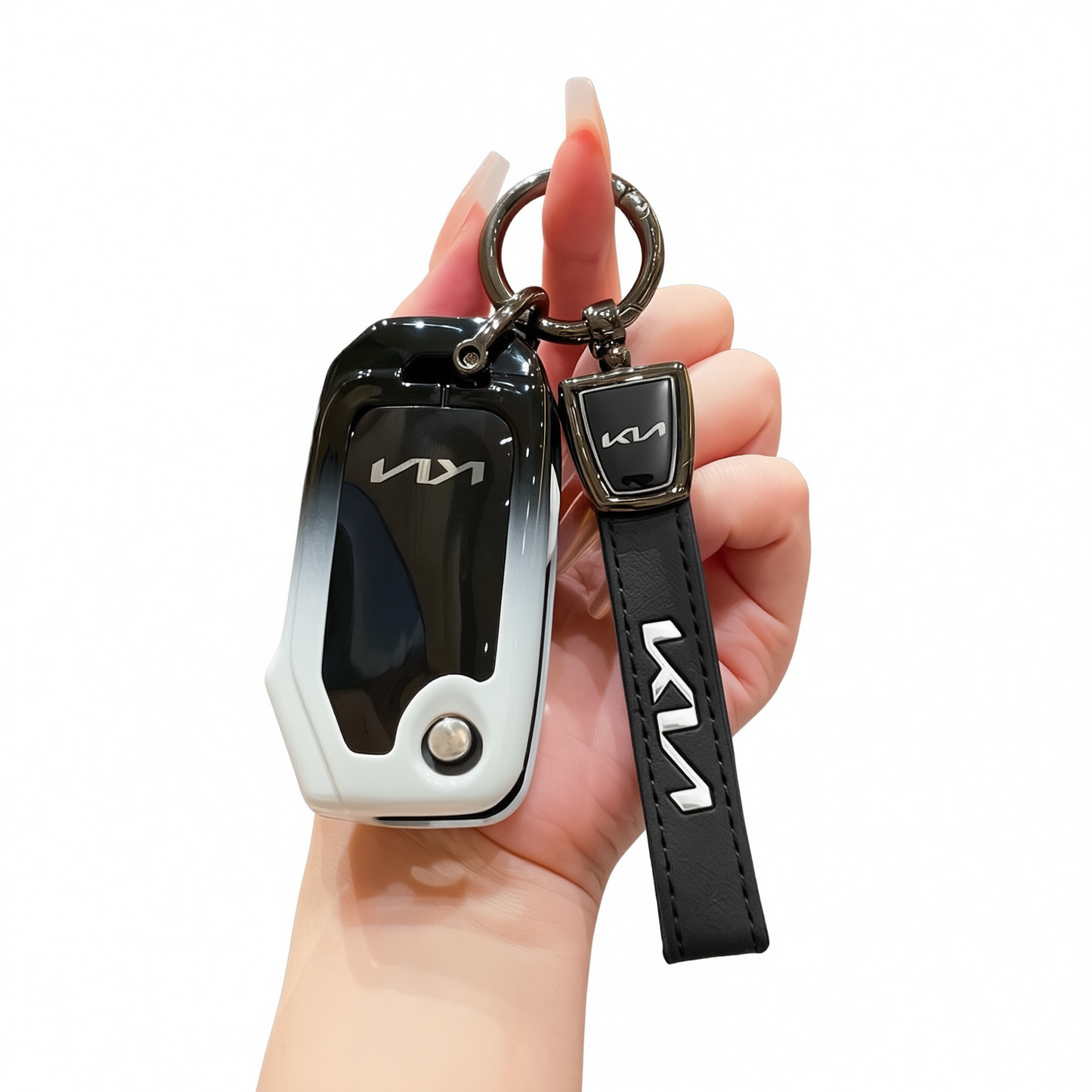 Kia Key Cover Fragrant Car Island H3 Gradient Black Standard H4 key gradient black and white single pack + black leather cord clasp