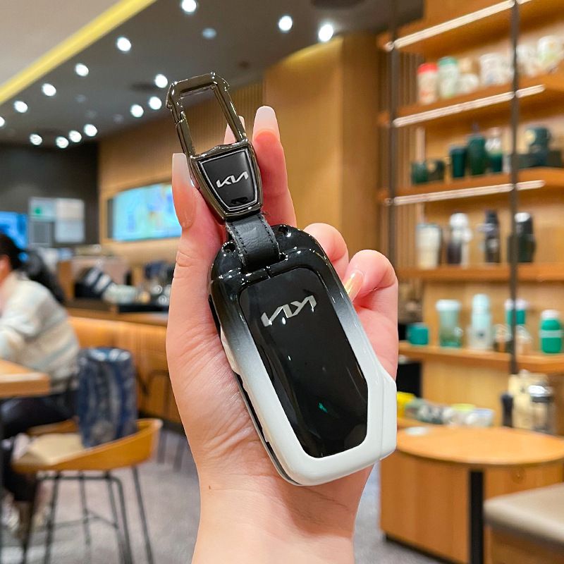 Kia Key Cover Fragrant Car Island H3 Gradient Black Standard H4 key gradient black and white single pack + black leather cord clasp
