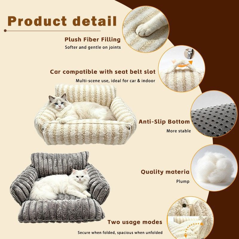 Cozy Foldable Pet Sofa Bed with Plush Sherpa Fleece – A Portable, Warm Retreat for Cats and Small Dogs Perfect for Nap Time, Travel, and Living Room Lounging (Beige)