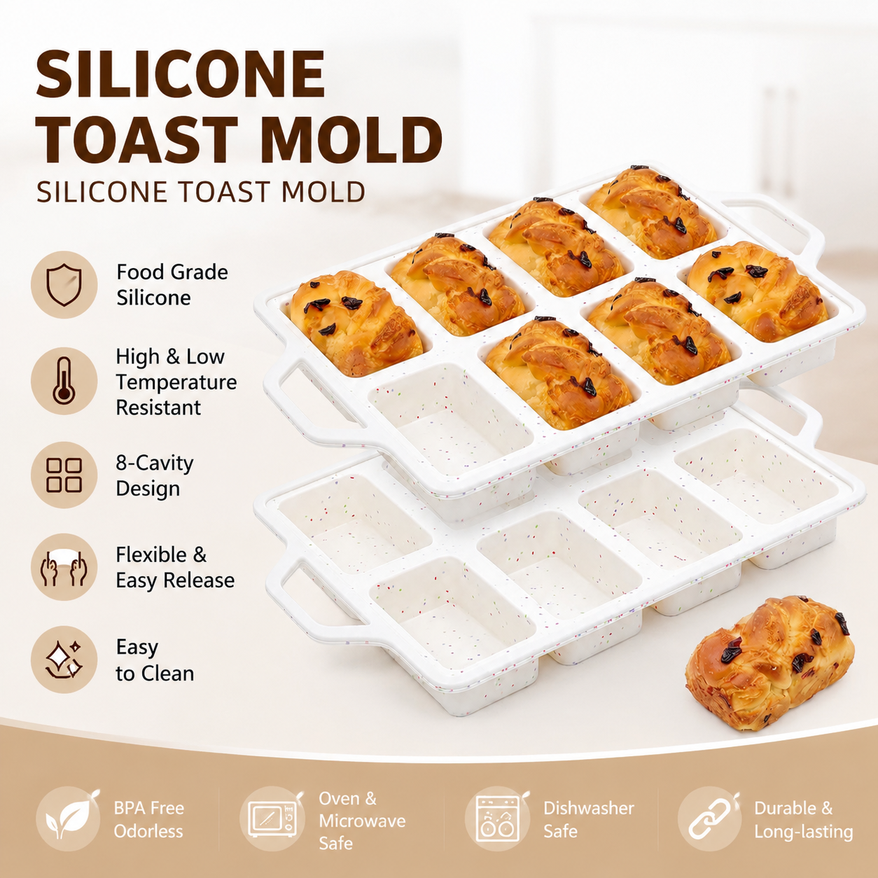 8-Cavity Mini Loaf Pan, Non-Stick Silicone Bread Mold with Sturdy Stainless Steel Frame – Perfect for Baking Individual Breads, Snack Cakes, and Sweet Treats at Home (1PCS)
